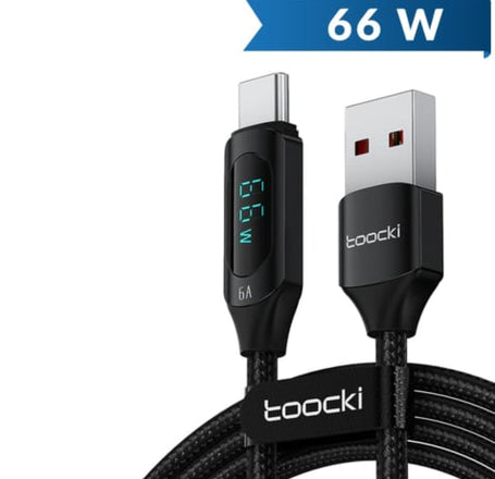 Toocki USB A-C Fast Charging Data Cable w/ Display (BLACK) (66W) (6ft)