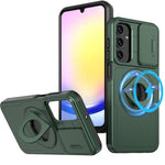 Ring Stand Case & Camera Lens Sliding Cover - DARK GREEN for Galaxy S24 FE (Only Ground Shipping)