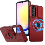 Ring Stand Case & Camera Lens Sliding Cover - RED for Galaxy S24 FE (Only Ground Shipping)
